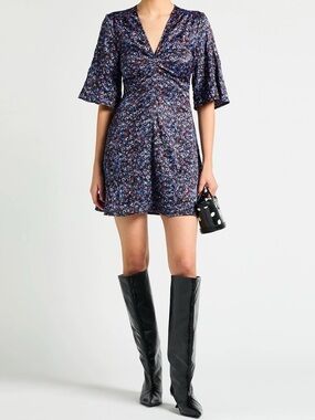 Ganni Floral Print Crinkle Ruched Minidress, EU Size 34 (US Size 2)